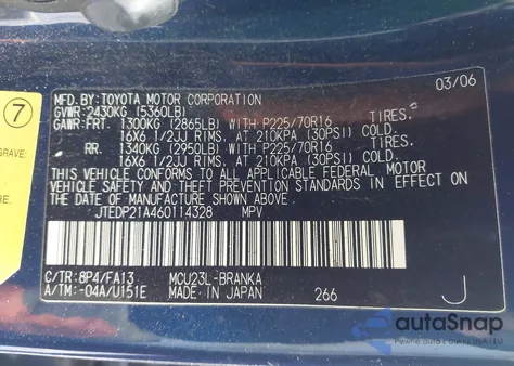 2006 Toyota Highlander V6 z USA, uszkodzony, nr VIN JTEDP21A460114328